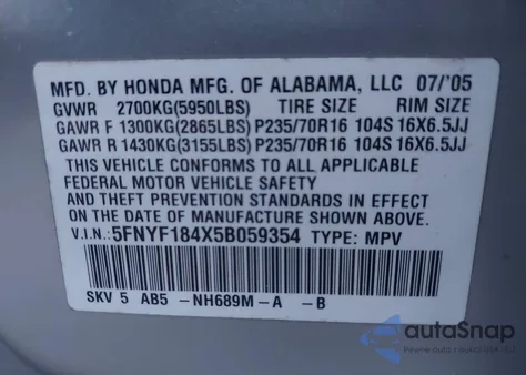 2005 Honda Pilot Ex from USA, damaged, VIN 5FNYF184X5B059354